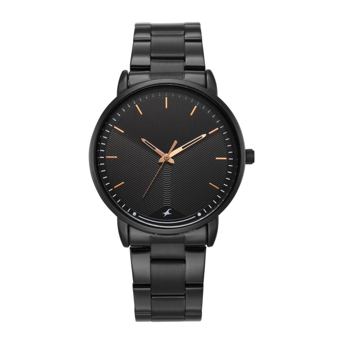 Black wristwatch with a white background