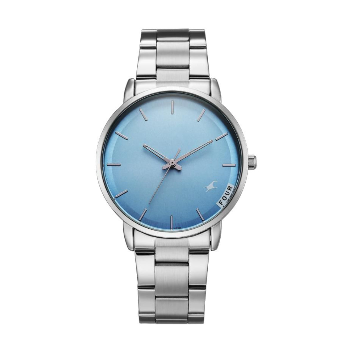 Silver watch with a blue face on a white background