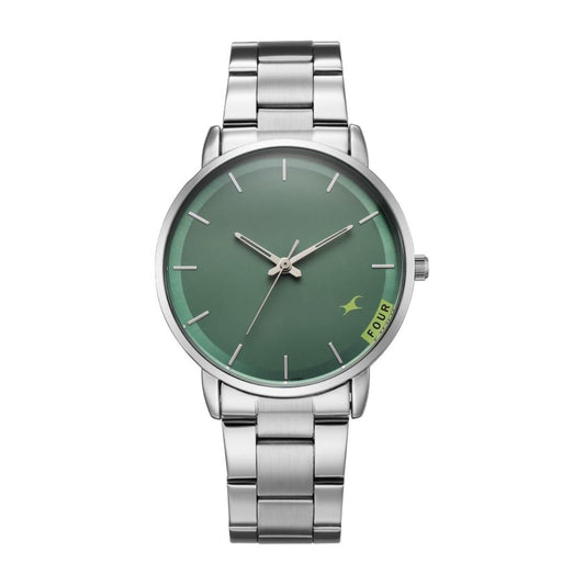 Silver watch with a green face on a white background