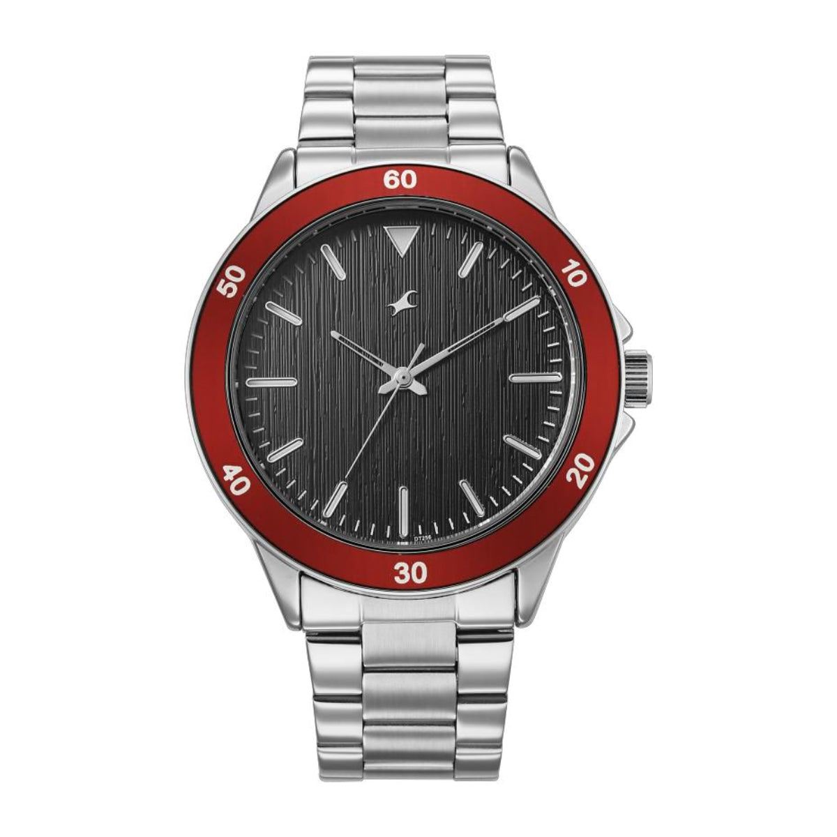 Wristwatch with silver band and black face with red accents on a white background