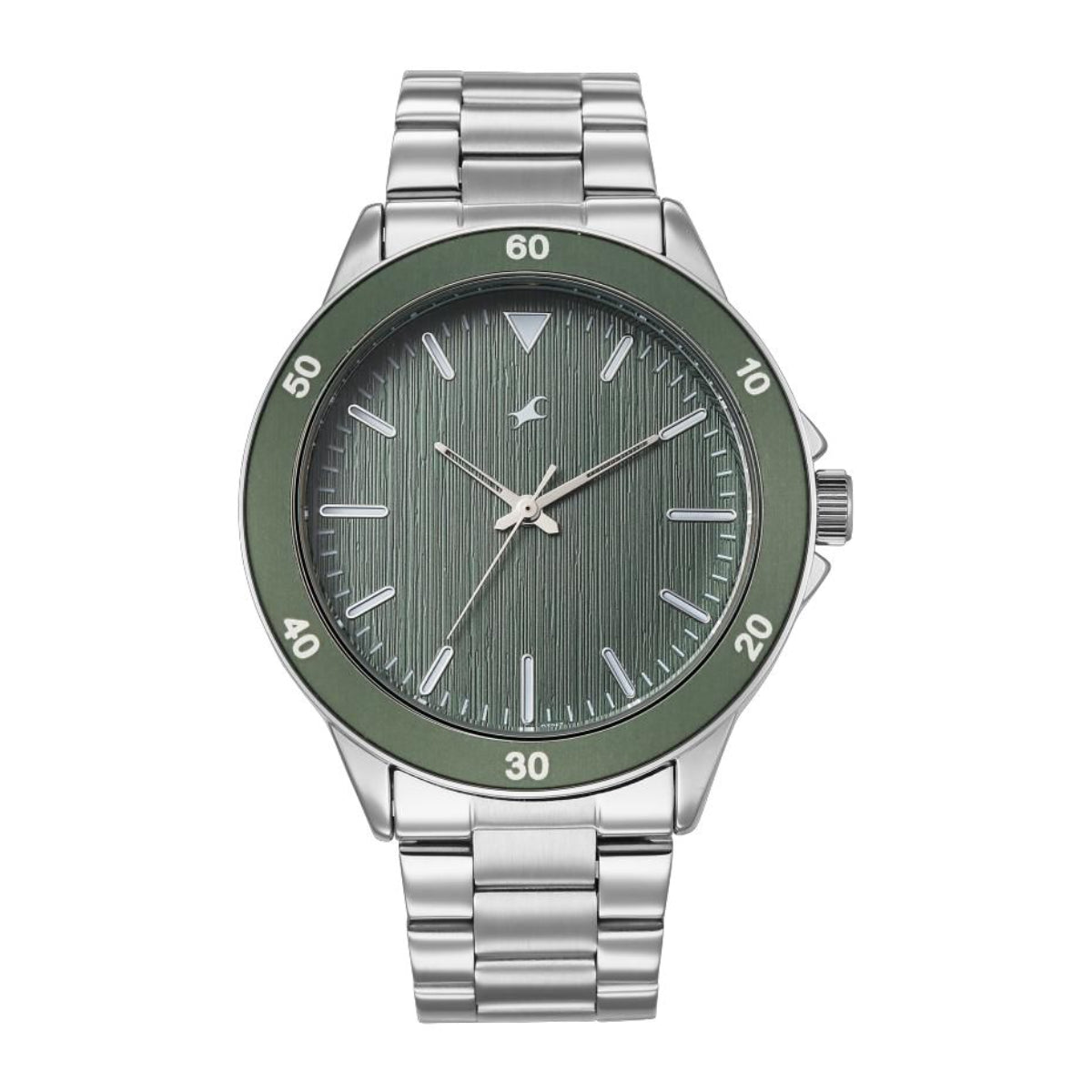 Wristwatch with green dial and silver metal strap on a white background