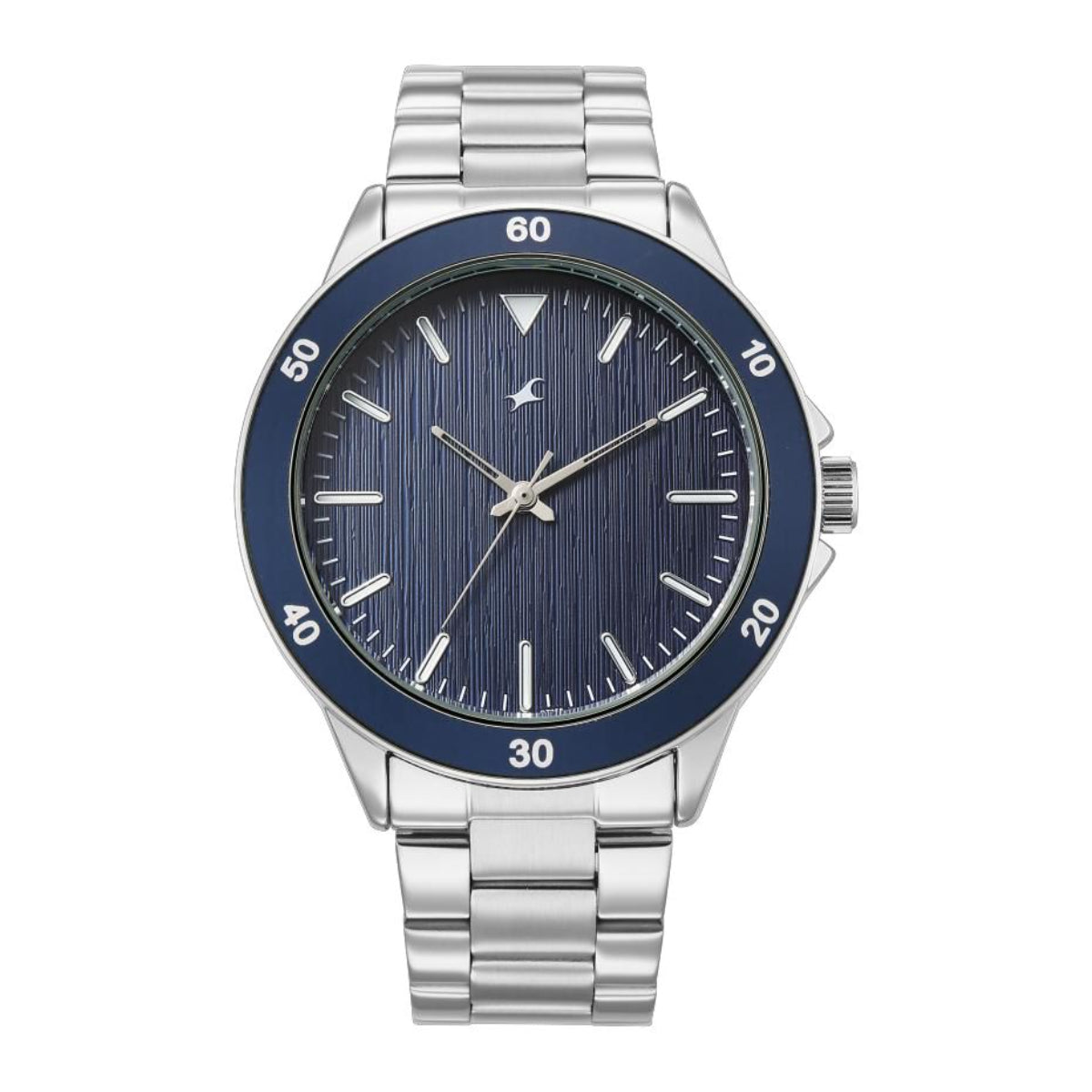 Wristwatch with blue dial and silver metal strap on a white background