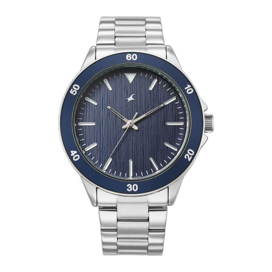 Wristwatch with blue dial and silver metal strap on a white background