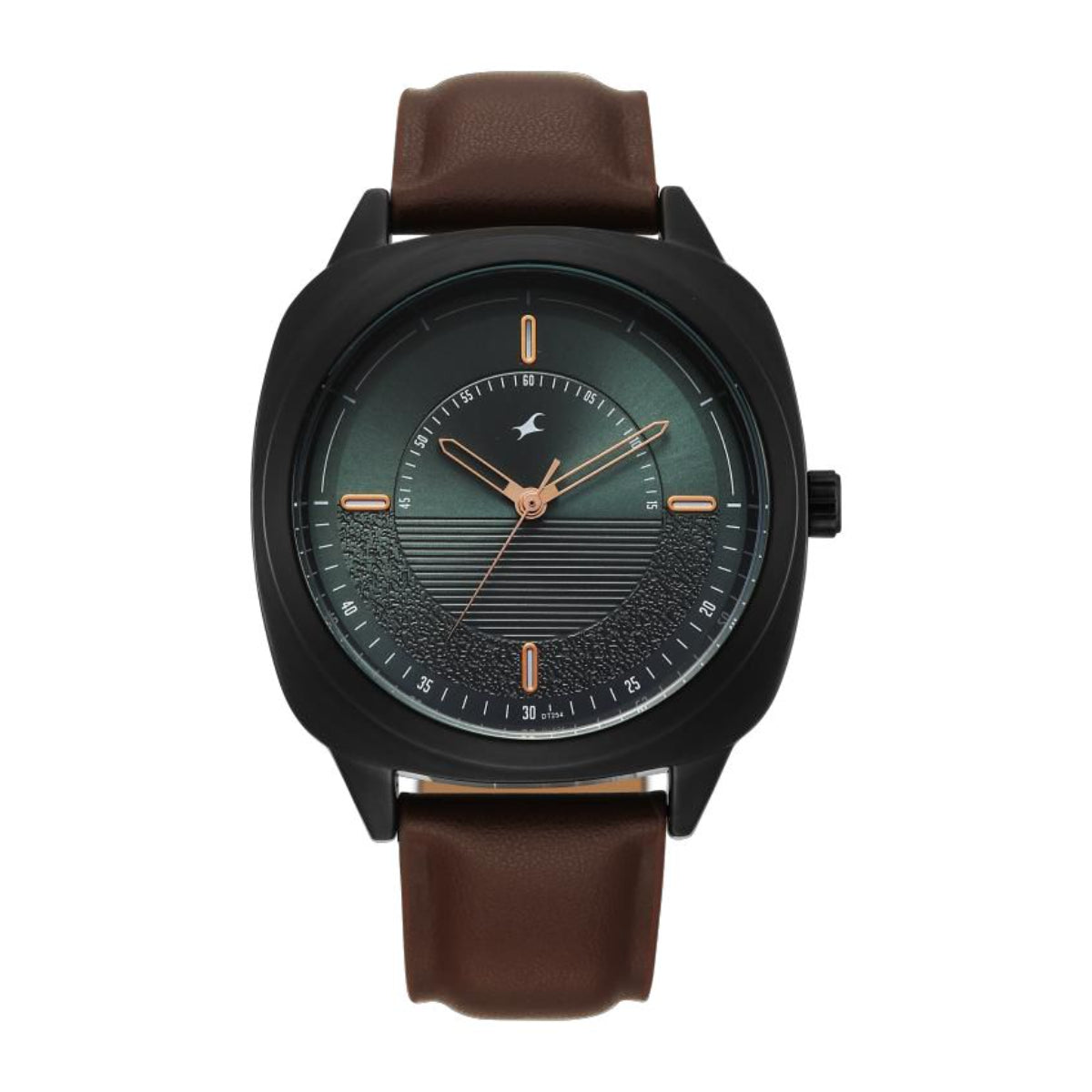 Wristwatch with brown leather strap and black case on white background