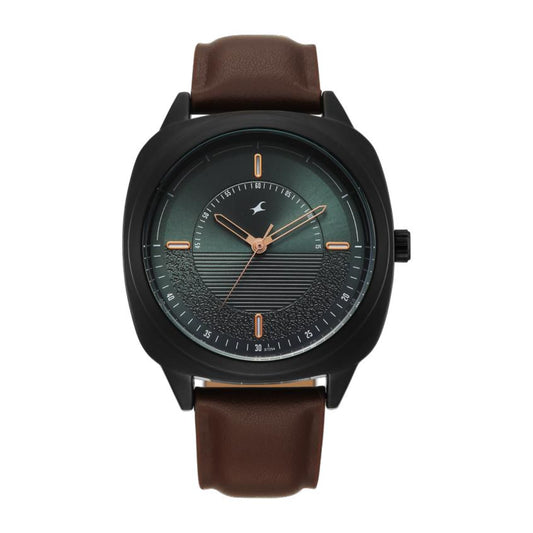 Wristwatch with brown leather strap and black case on white background