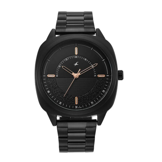 Black wristwatch with a detailed face on a white background