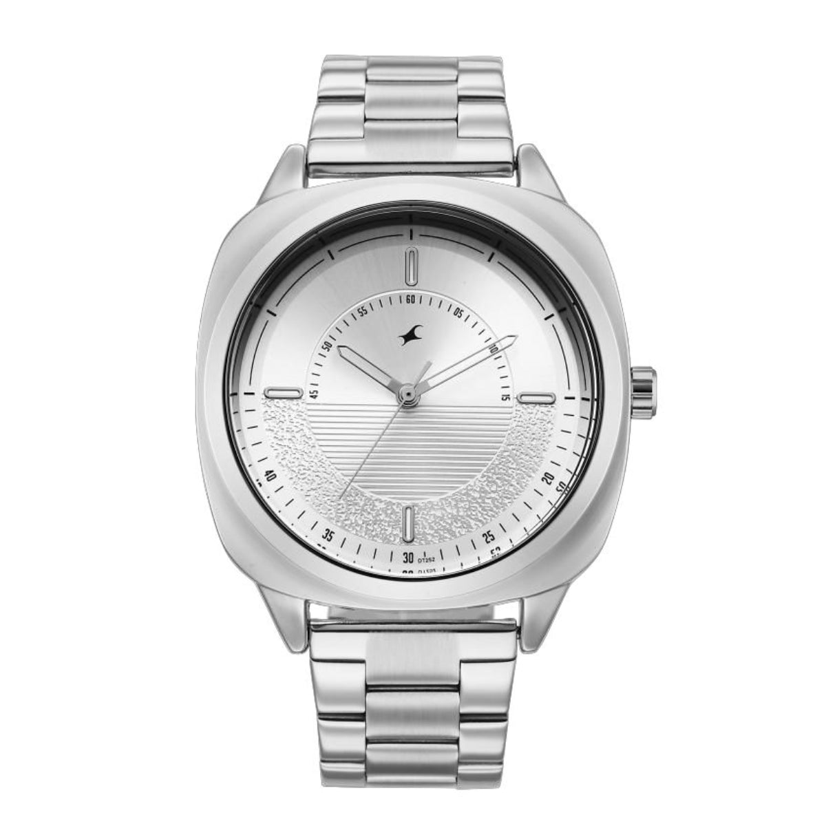 Silver wristwatch with a white face on a white background