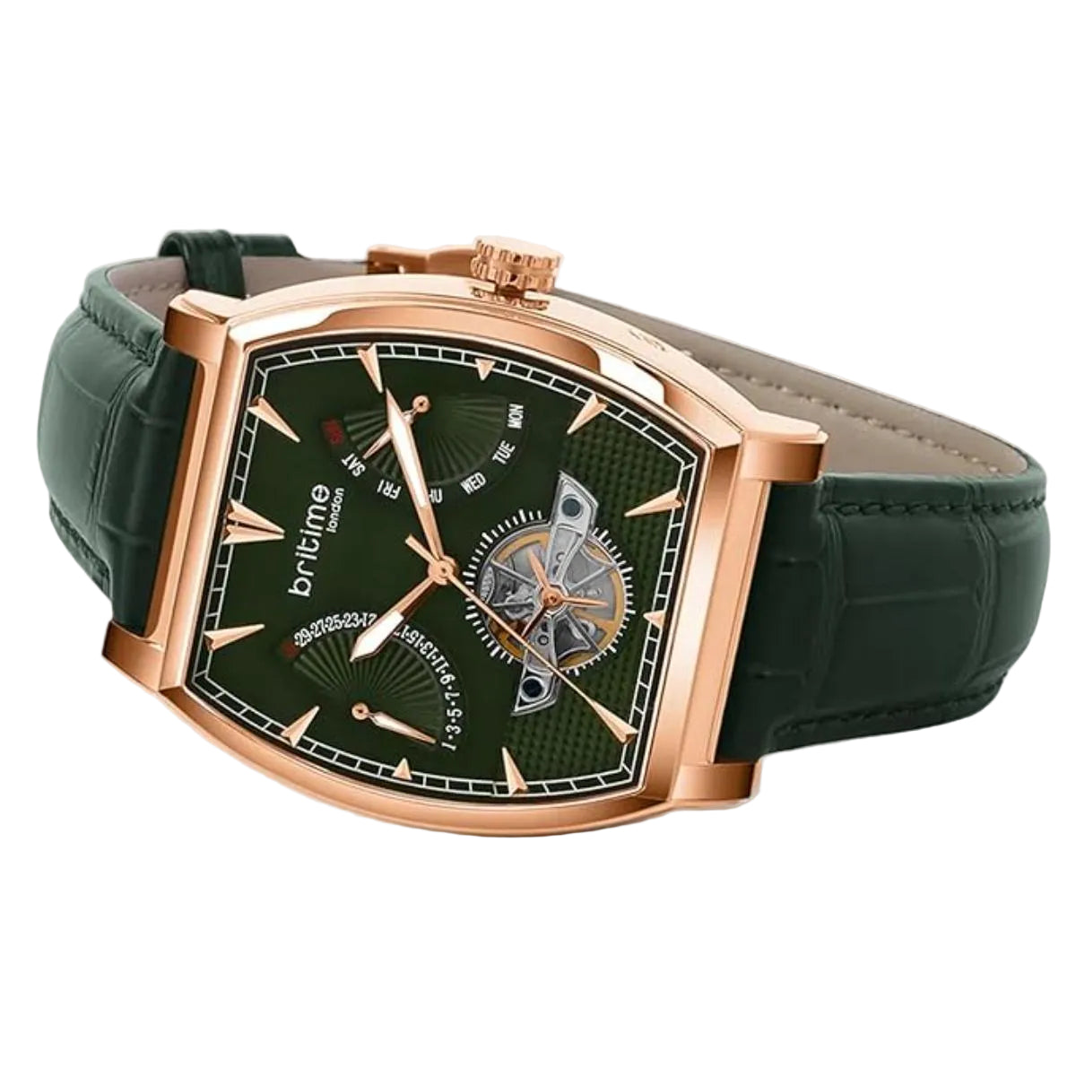 Green watch with rose gold case and green leather strap on a light gray background