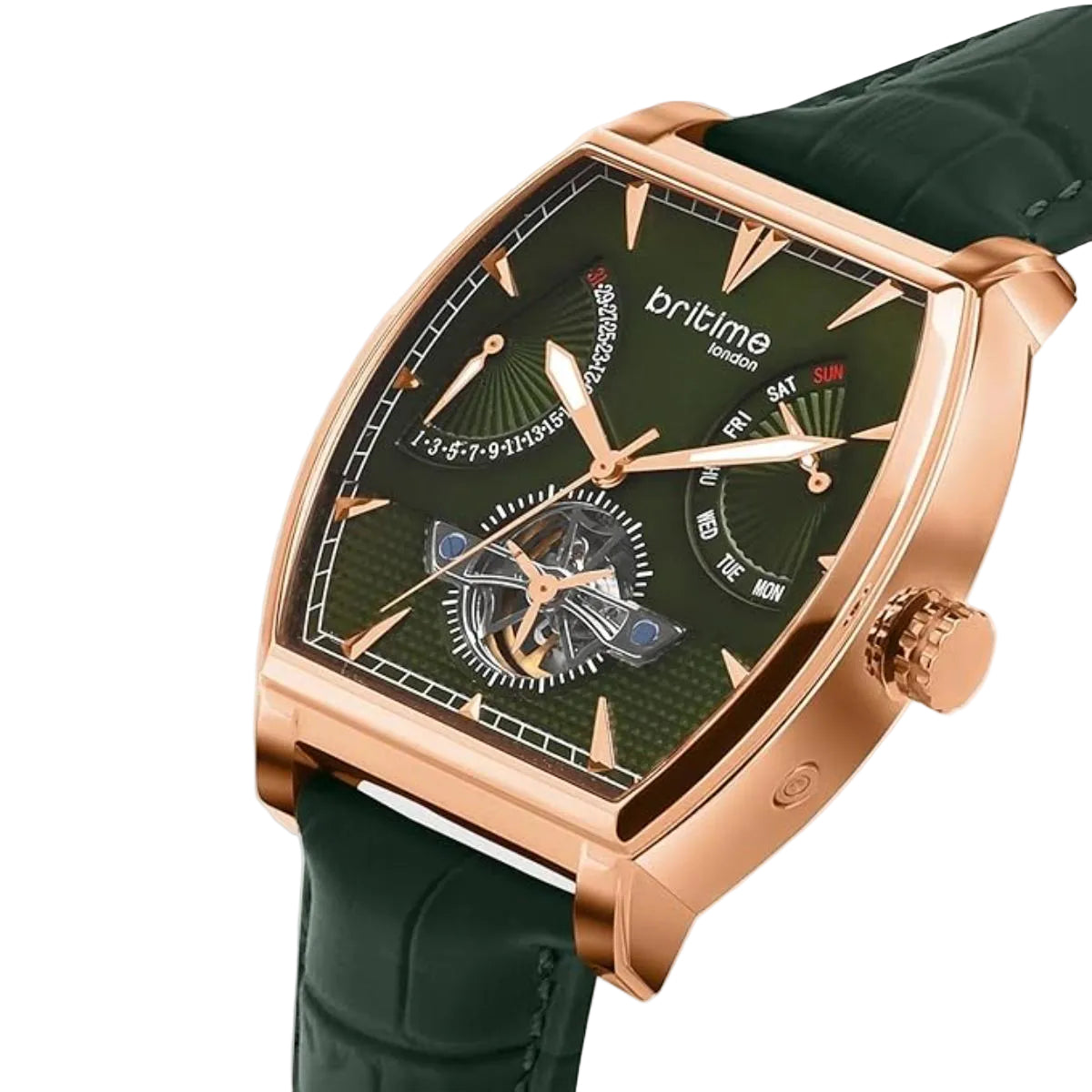Green watch with rose gold case and green strap on a light gray background