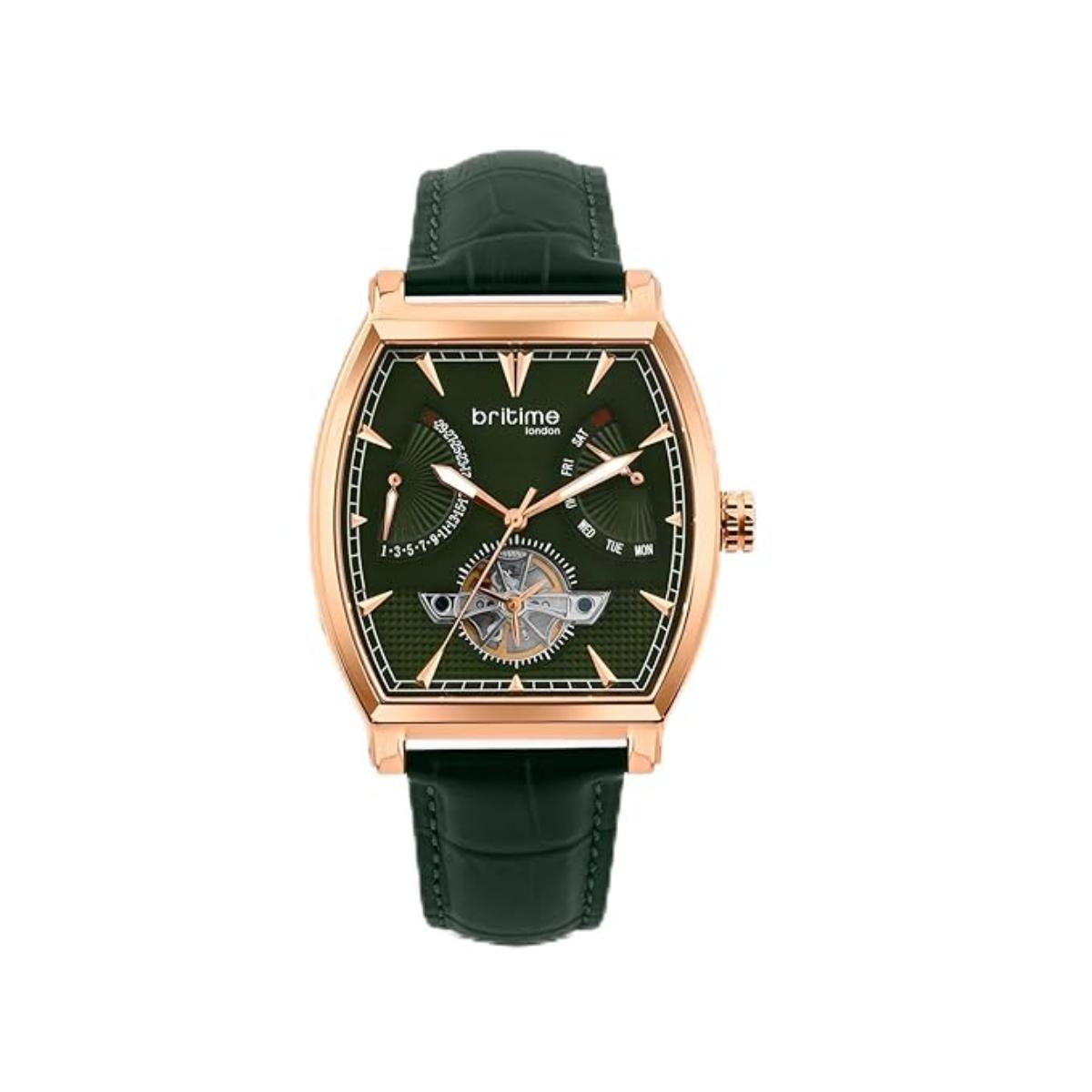 Green watch with rose gold case and green strap on white background