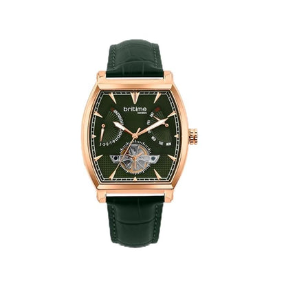 Green watch with rose gold case and green strap on white background