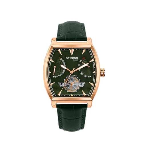 Green watch with rose gold case and green strap on white background