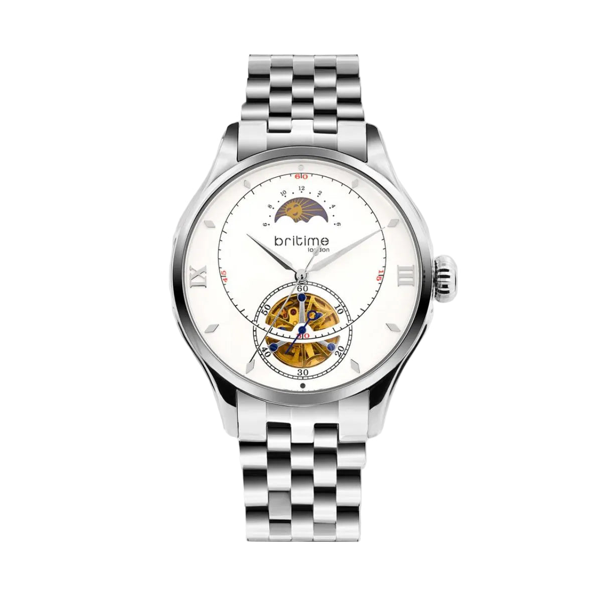 Silver watch with a white face on a light gray background