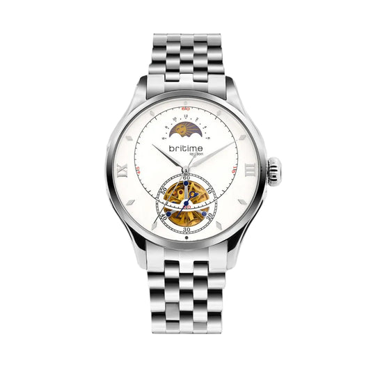 Silver watch with a white face on a light gray background