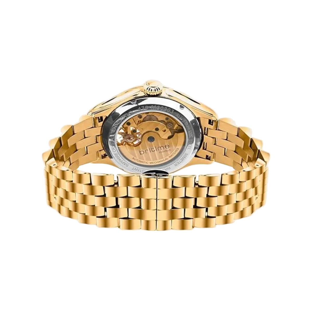 Gold wristwatch with a visible brand name on a light gray background