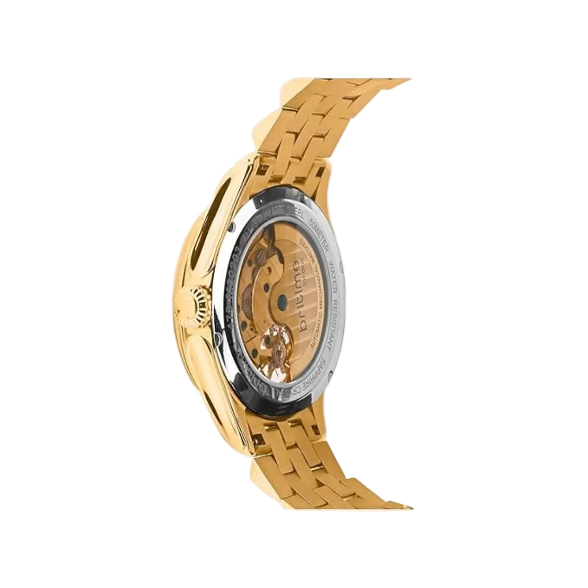 Gold watch with a visible brand name on a light gray background
