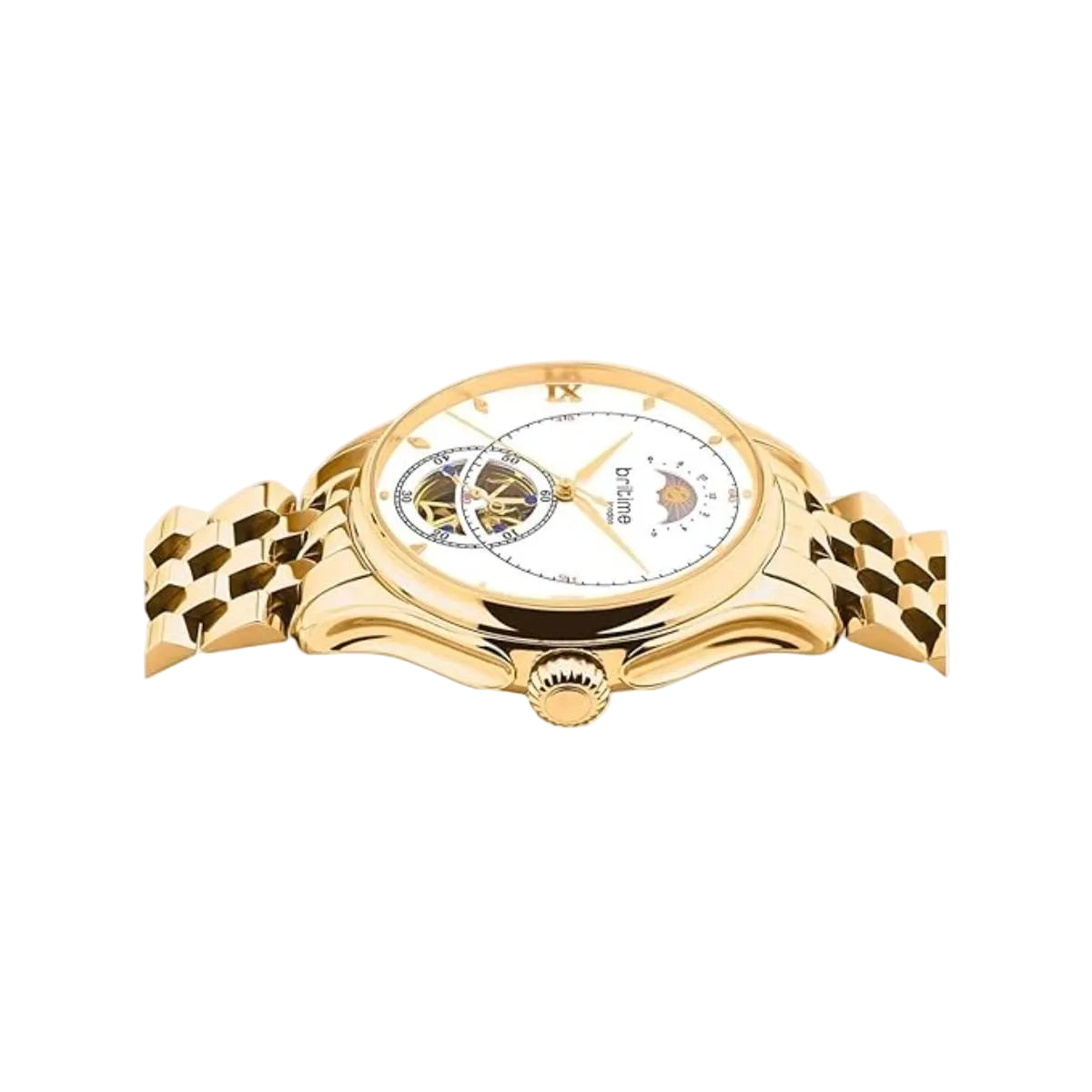 Gold wristwatch with a detailed face on a white background