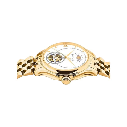 Gold wristwatch with a detailed face on a white background
