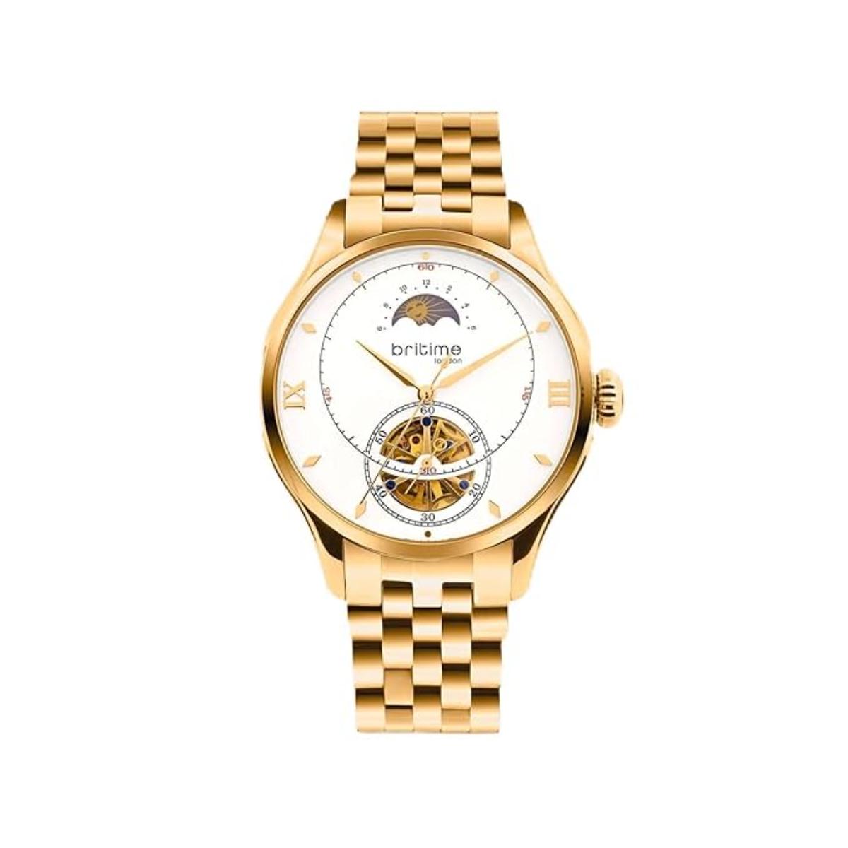 Gold wristwatch with a white face on a white background