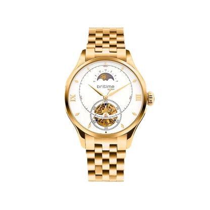 Gold wristwatch with a white face on a white background