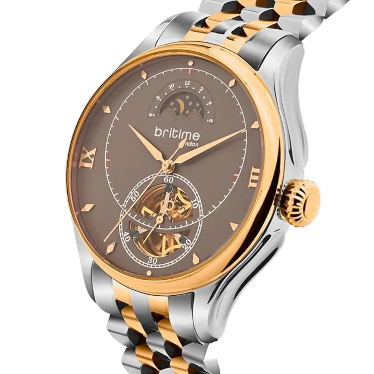 Luxury watch with brown dial and gold and silver band on white background