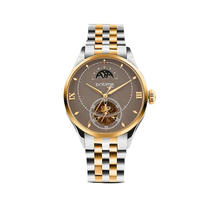 Two-tone watch with brown face and gold accents on a white background