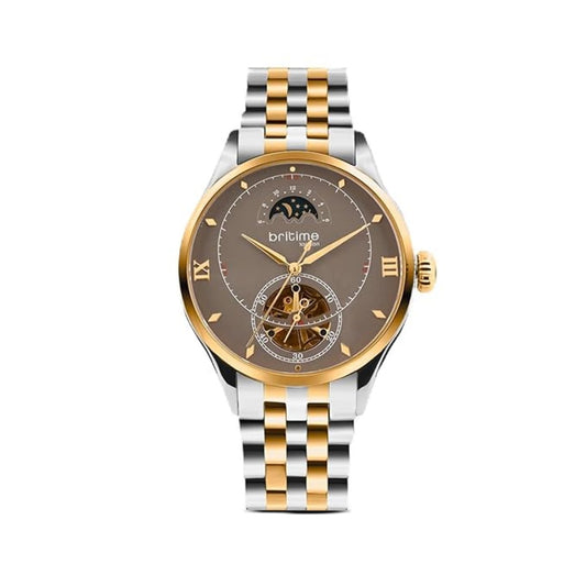 Two-tone watch with brown face and gold accents on a white background