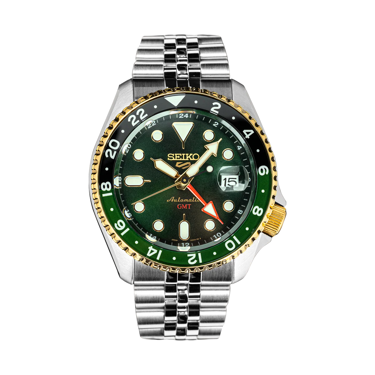 Seiko watch with green dial and silver metal strap on a white background