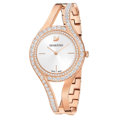 Swarovski watch with rose gold bracelet and crystal accents on a white background