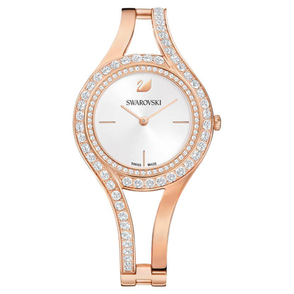 Swarovski watch with rose gold case and bracelet on a white background