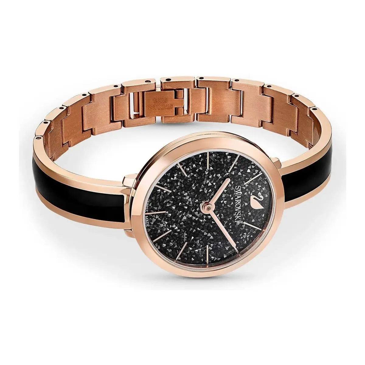 Rose gold watch with black band on a white background