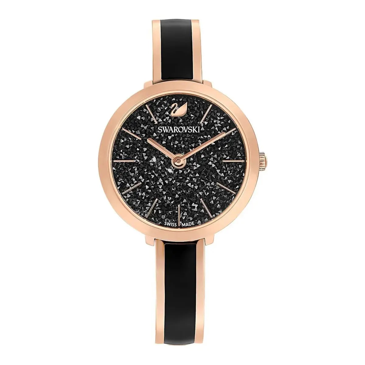 Swarovski watch with black face and rose gold case on a white background