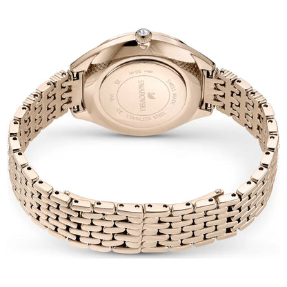 Rose gold watch with detailed band on a white background