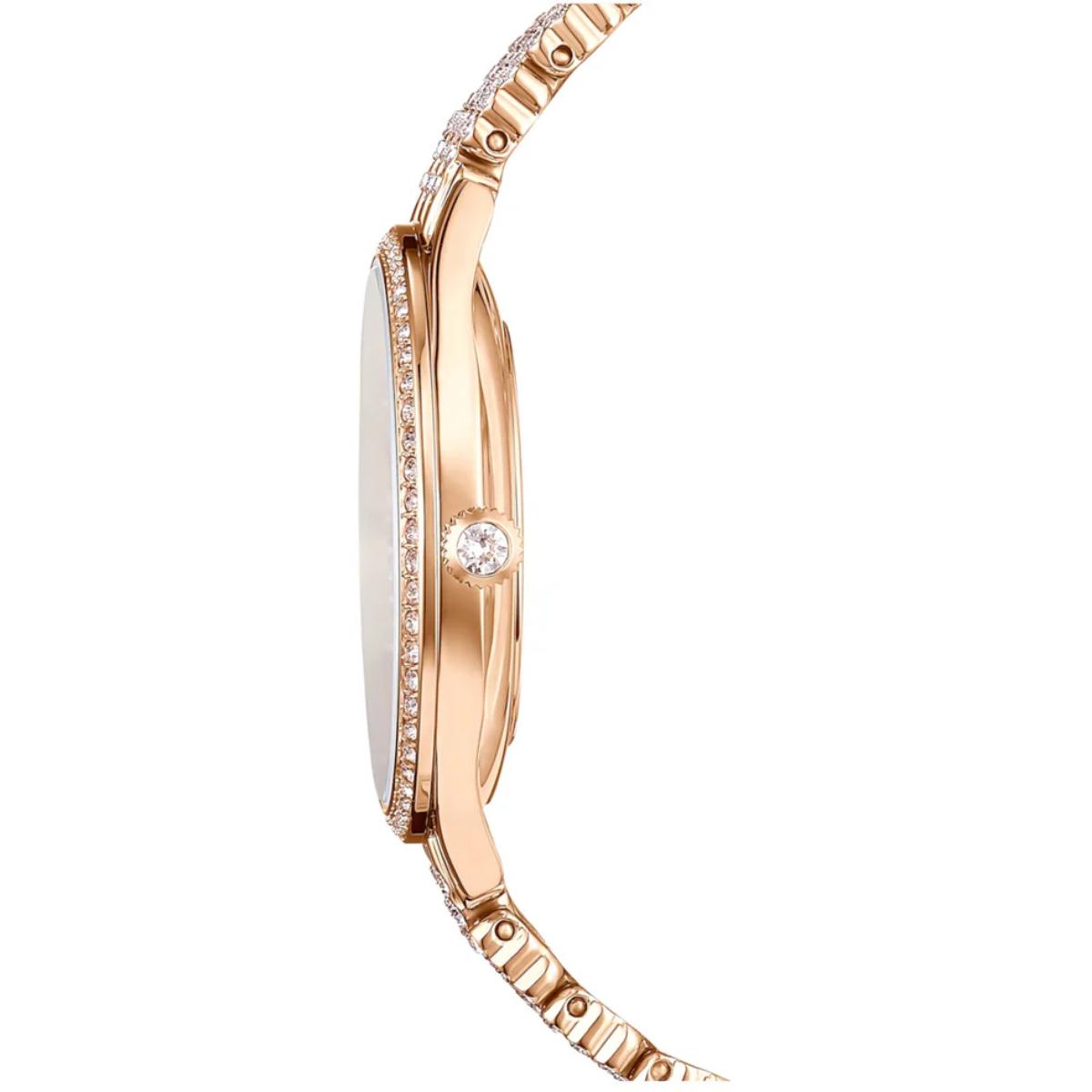 Rose gold watch with diamond accents on a white background