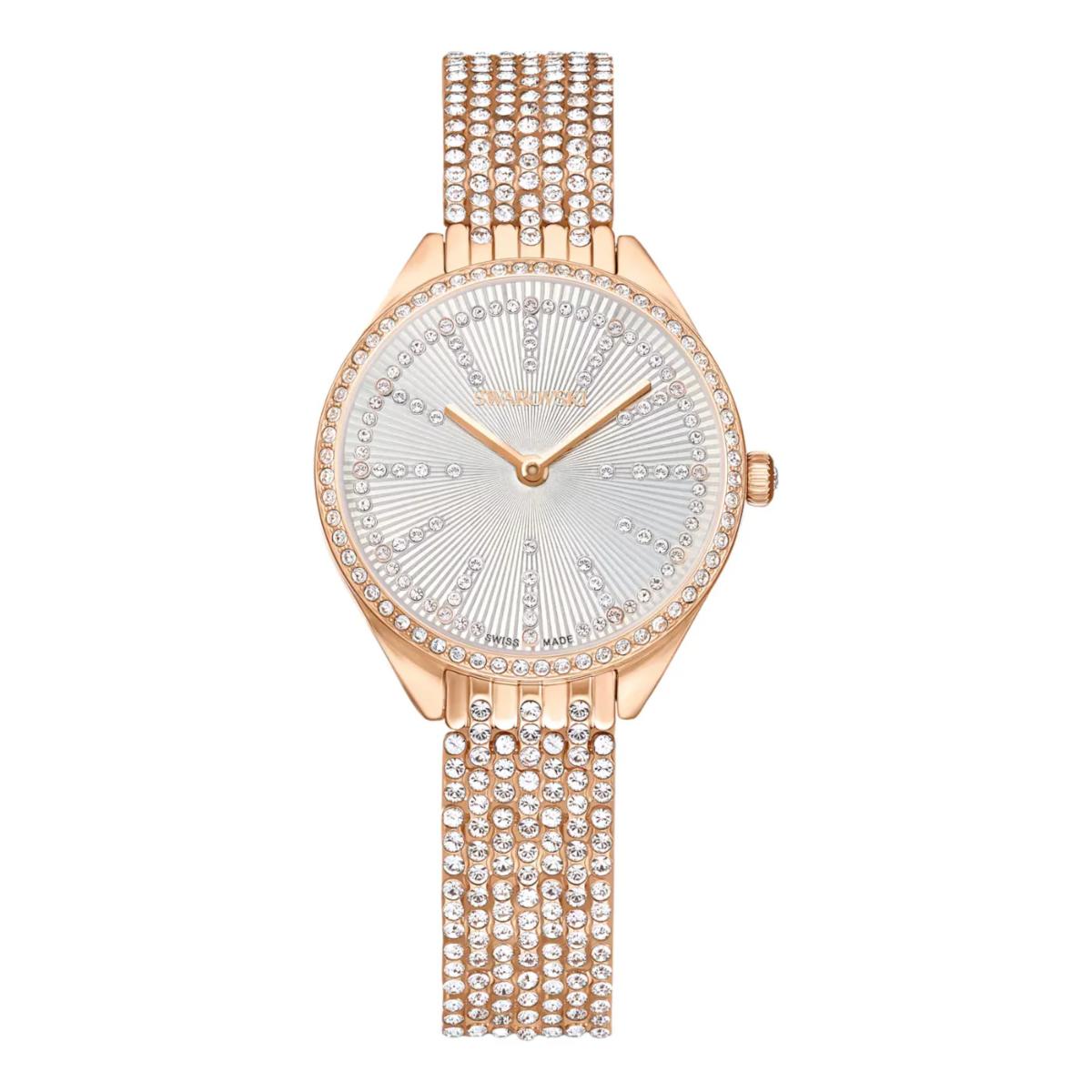 Rose gold watch with diamond-studded bracelet on a white background