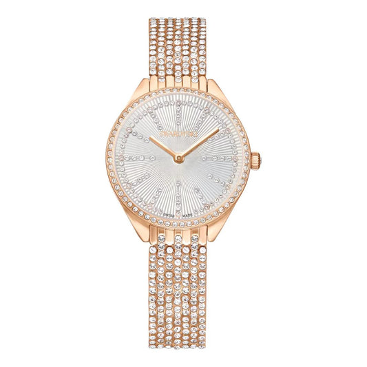 Rose gold watch with diamond-studded bracelet on a white background