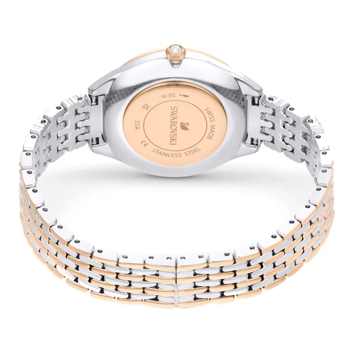 Two-tone watch with silver and rose gold band on a white background