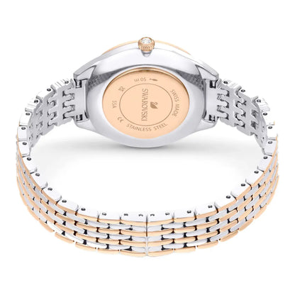 Two-tone watch with silver and rose gold band on a white background