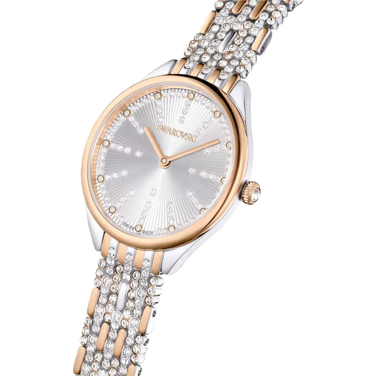 Luxury watch with rose gold and silver strap on a white background
