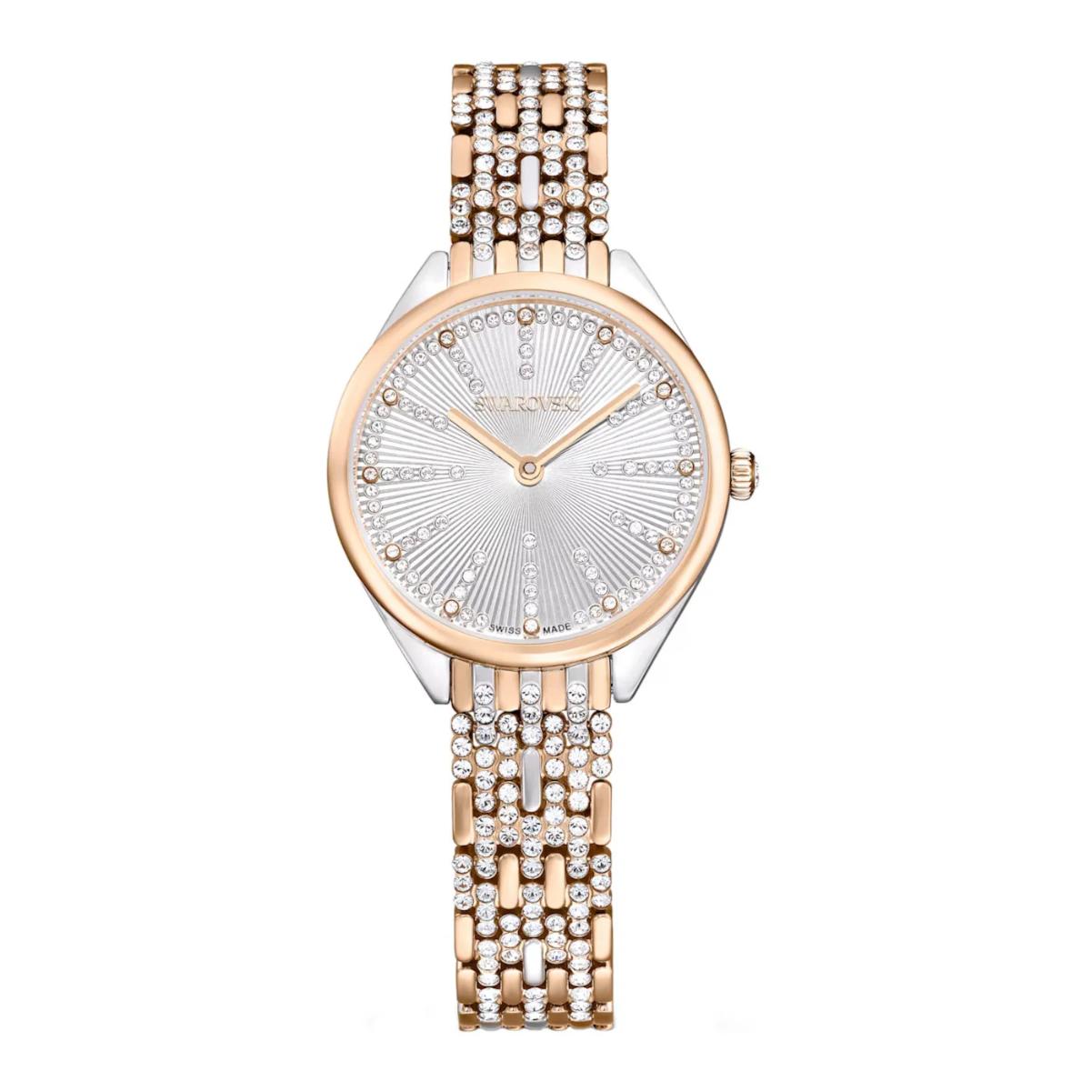 Rose gold watch with diamond-studded bracelet on a white background