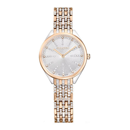Rose gold watch with diamond-studded bracelet on a white background