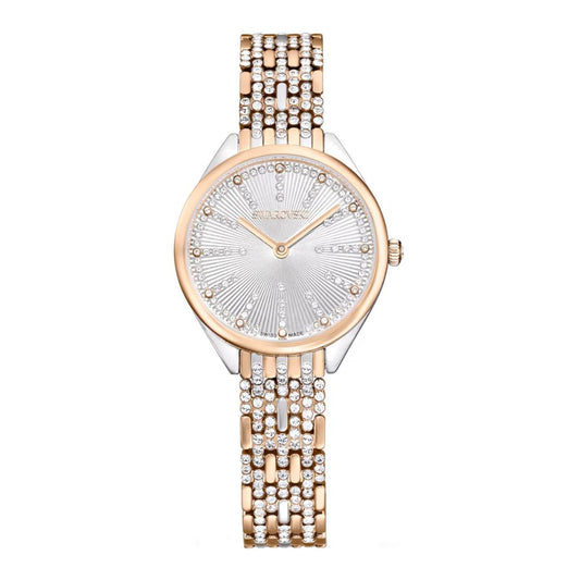 Rose gold watch with diamond-studded bracelet on a white background