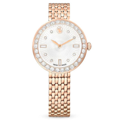Rose gold watch with diamond-studded bezel on a white background
