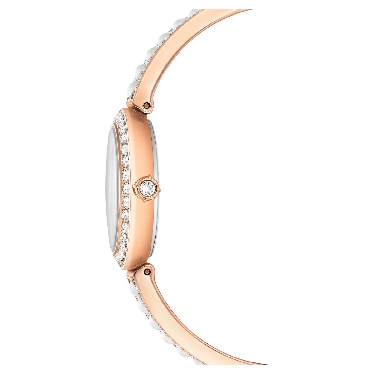 Rose gold watch with diamond accents on a white background