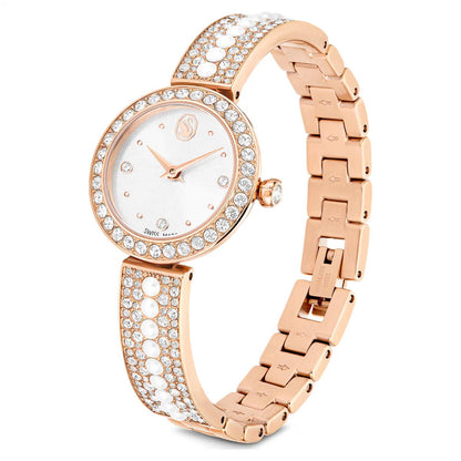 Rose gold watch with crystal embellishments on a white background