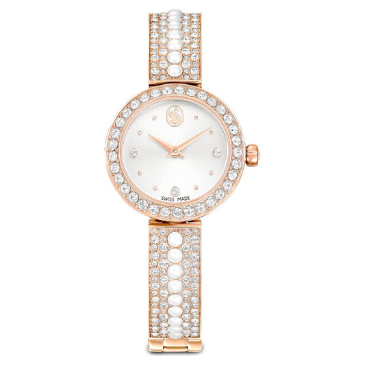 Two-tone watch with diamond-studded face on a white background