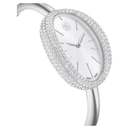 Silver watch with crystal embellishments on a white background