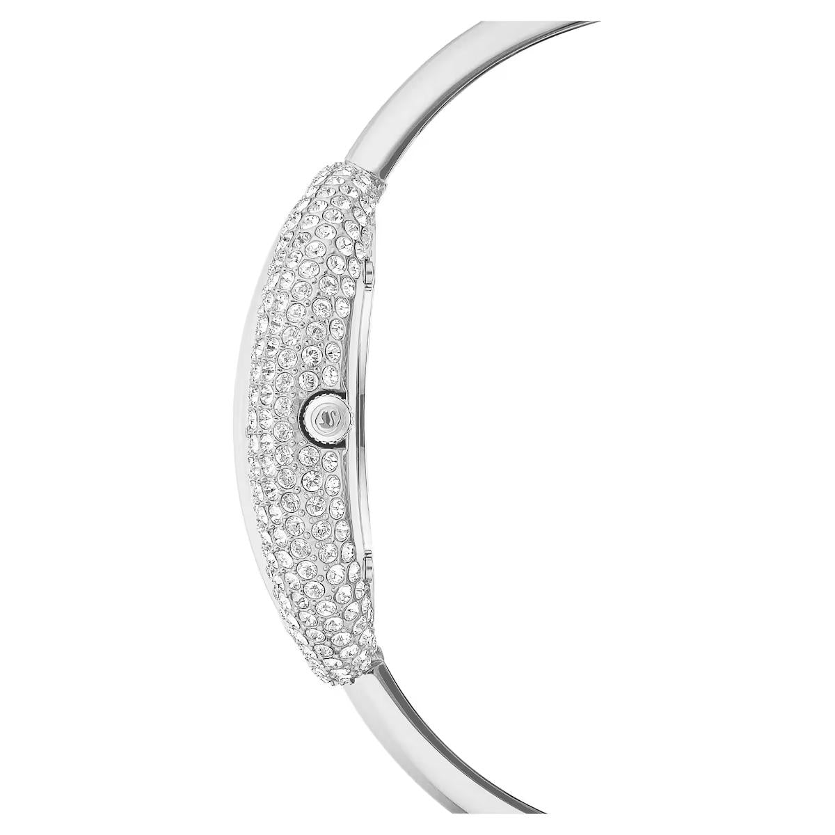 Silver crescent-shaped bracelet with gemstones on a white background