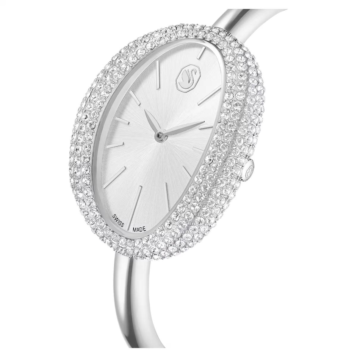Silver watch with crystal bezel on a white background