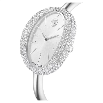 Silver watch with crystal bezel on a white background
